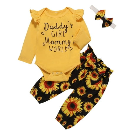 

Dadaria Cute Baby Boys Girls Clothes Newborn 0-12M Newborn Infant Letter Fly Sleeve Romper+Pants+Hairband Outfits Set Yellow 80 Toddler