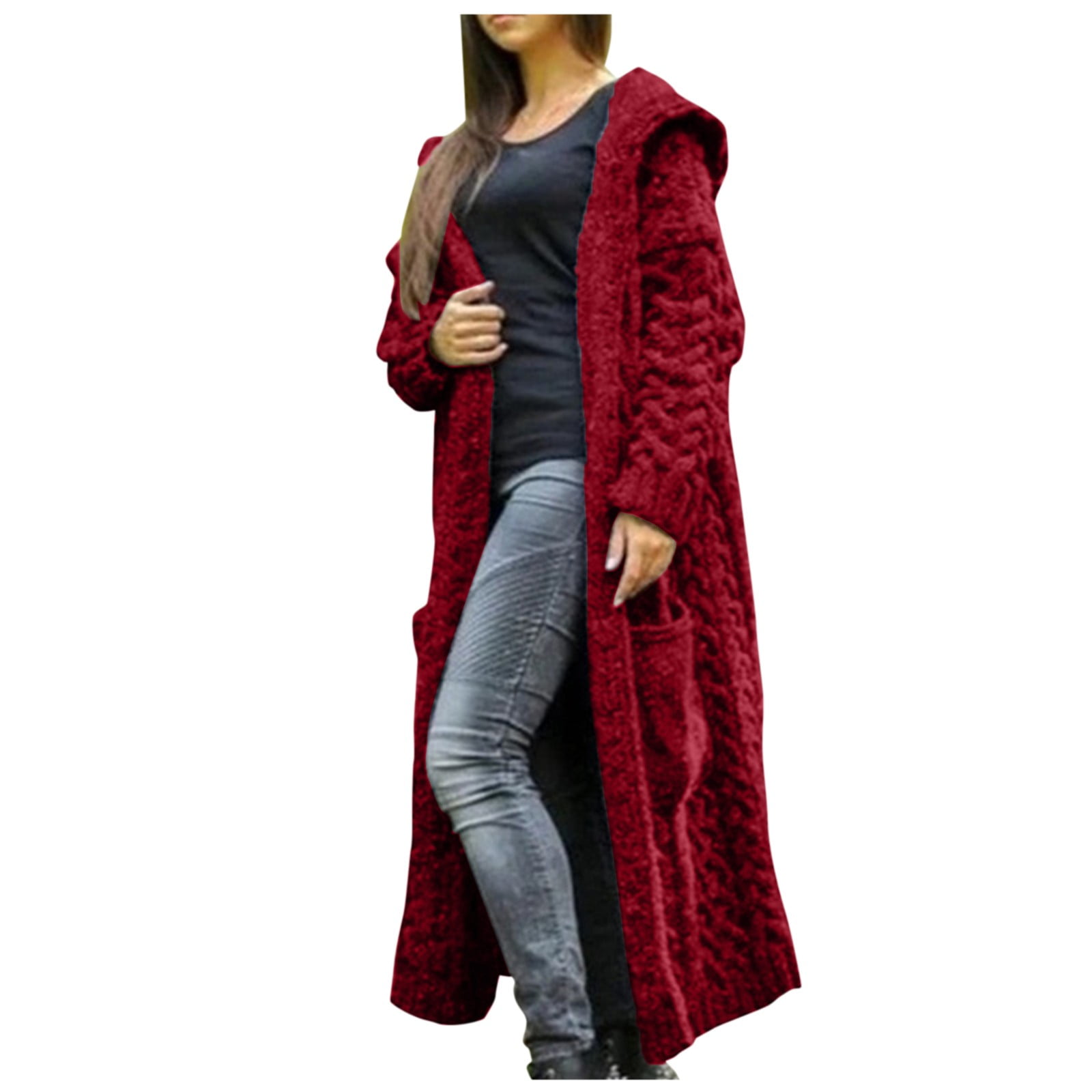 Womens Long Sweater Coats with Hood Maxi Coats Pockets Cable Knit ...