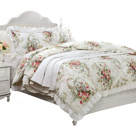 Antique Rose Bedding 100% Cotton Vintage Floral Twin Zipper Duvet Cover Shabby Retro Romantic Ruffle Bed Cover Bedroom Decor Soft 600 TC - No Insert