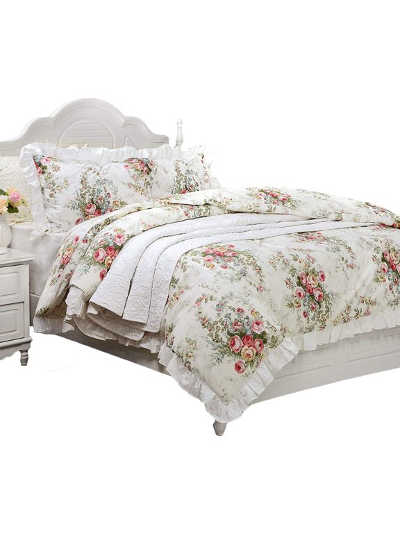 Antique Rose Bedding 100% Cotton Vintage Floral TwinXL Zipper Duvet Cover Shabby Retro Romantic Ruffle Bed Cover Bedroom Decor Soft 600 TC - No Insert