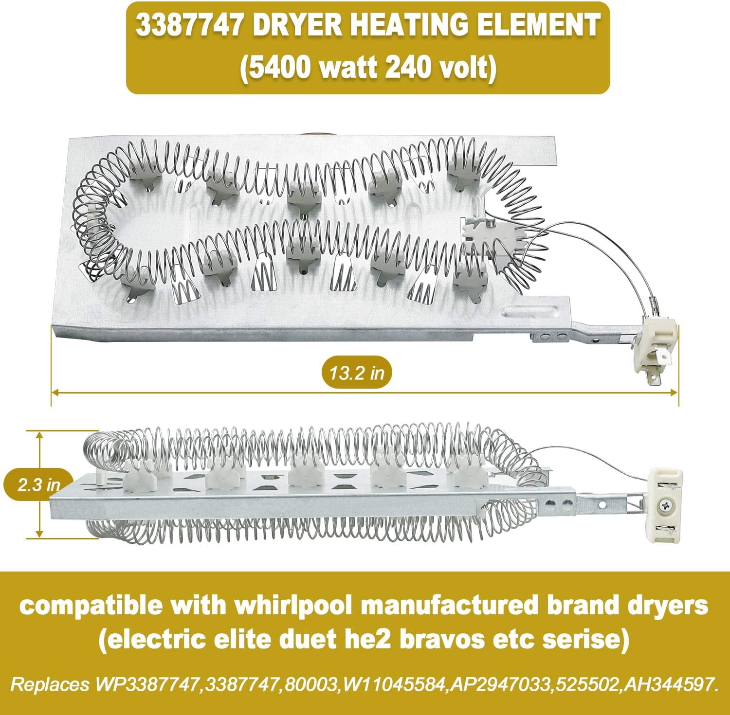 WP3387747 3387747 Dryer Heating Element Kit-Compatible With Whirlpool Cabrio Kenmore He2 Kenmore Elite He3 Maytag Dryers- GEW9250PW0 GEQ9800PW1 WD05X30818 GEQ9800PW2 GEQ9800PW1 MEDB835DW4