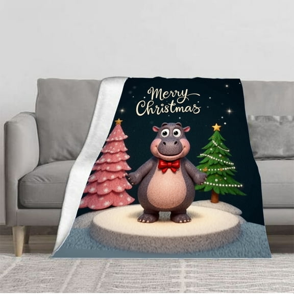 Cozy Flannel Blanket with Festive Hippo & Christmas Trees Design - Soft Warm Perfect for Sofa Travel Bed or Chair