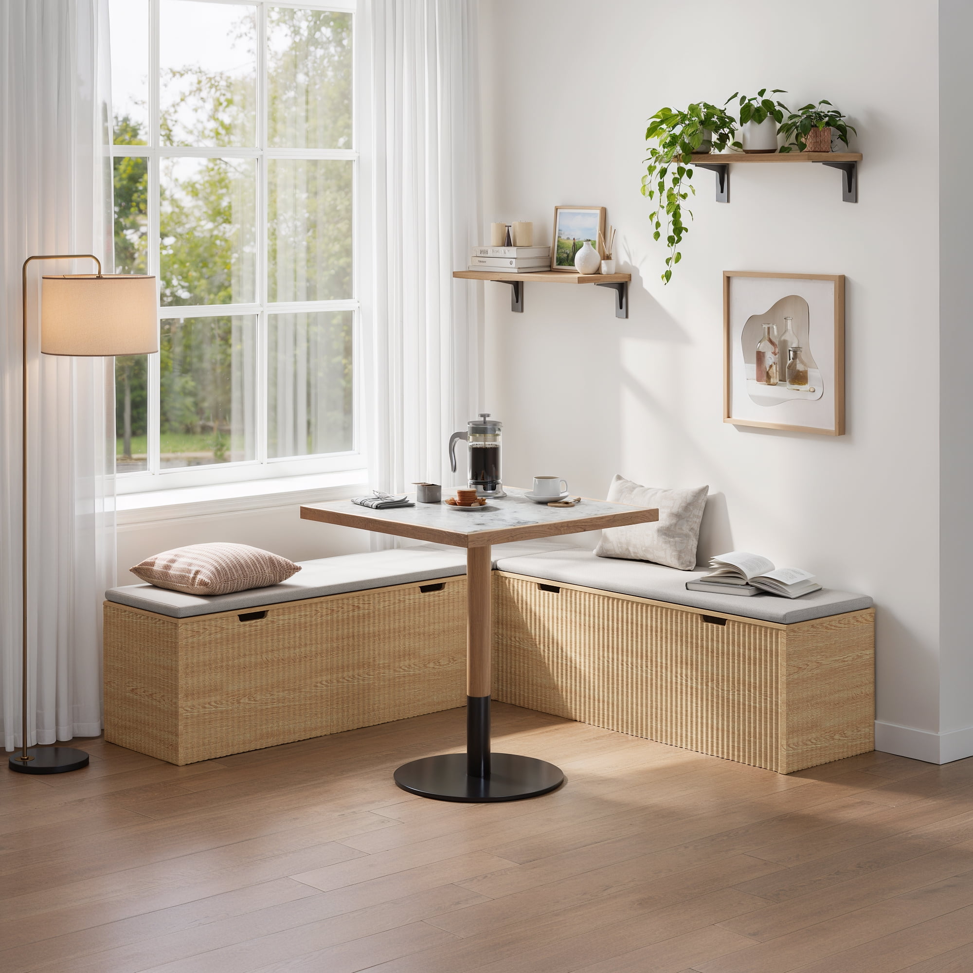 L-Shaped Storage Bench with Cushion- Modern Corner Breakfast Nook Bench for Kitchen, Entryway- Natural Wood