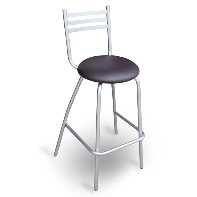 banco para barra durex furniture cocina kioto café banco para barra con estructura de acero plateado y asiento redondo tapizado color café oscuro; respaldo con tres barras horizontales y patas altas con reposapiés integrado, vista frontal 3/4 sobre fondo blanco, apto para comedor o cafetería.