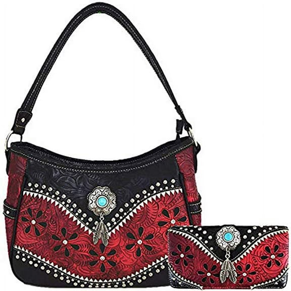 Tooled Leather Laser Cut Purses Feather Country Western Handbags Shoulder Bags Wallet Set in 6 colors
