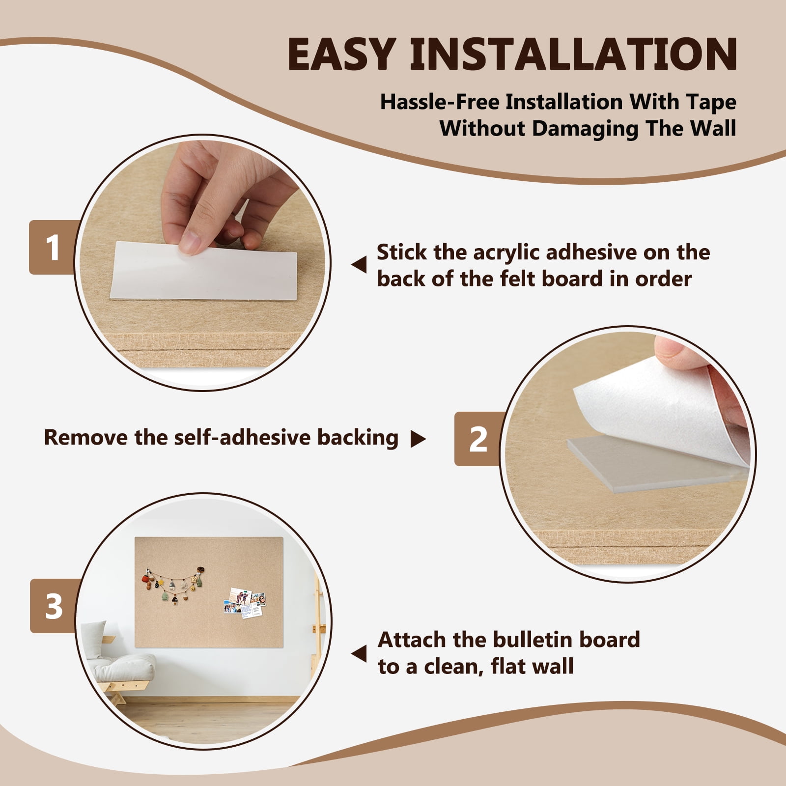 60"x36" Beige Large Bulletin Board Decorative Foldable Felt Pin Board Square Felt Wall Tiles Photo Display Board for Wall Cork Boards DIY Vision Board with Self-Adhesive Tape Home School Office Decor