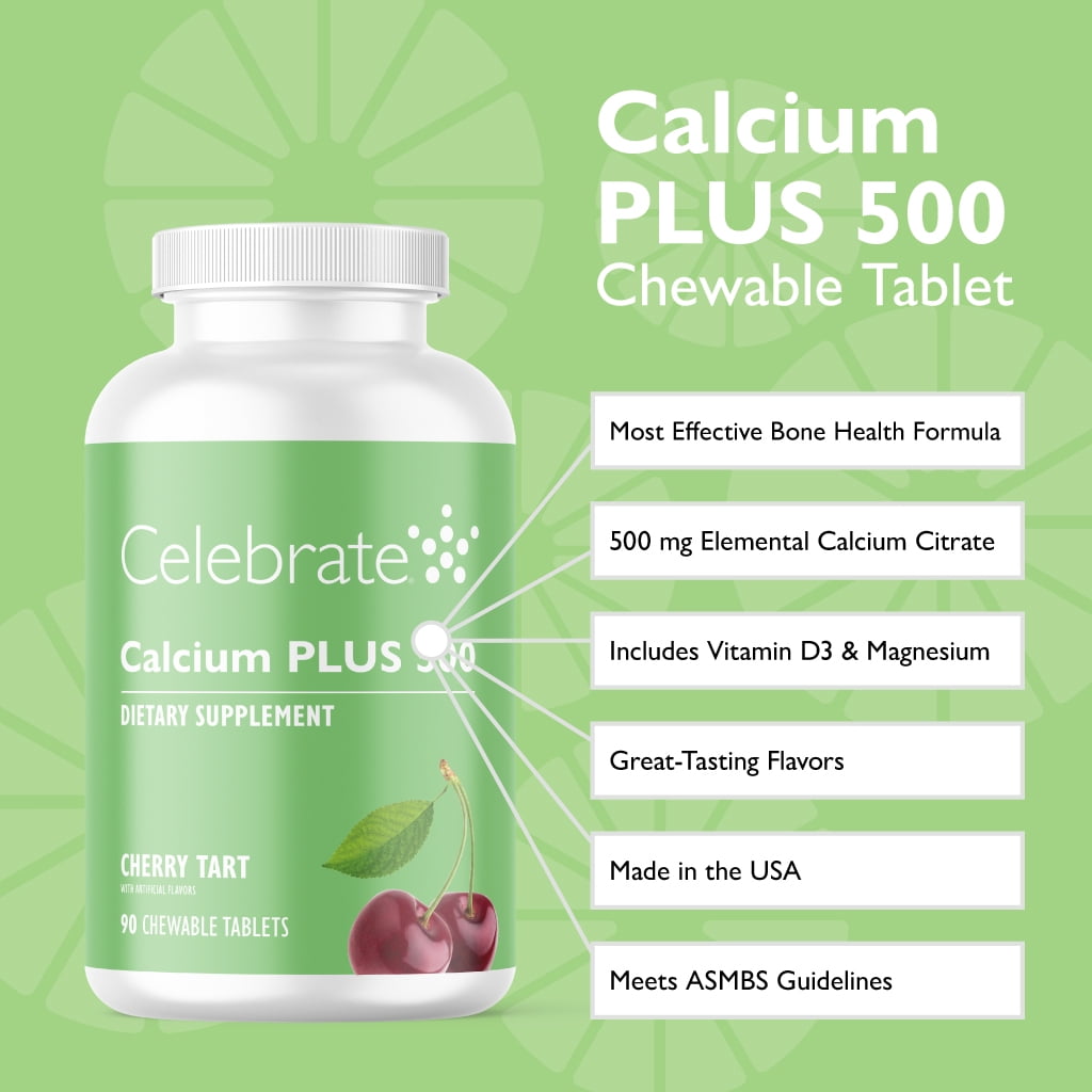 Celebrate Vitamins Calcium Plus 500 Chewable Tablets, 500 mg Calcium Citrate with Vitamin D3, Cherry Tart, 90 count