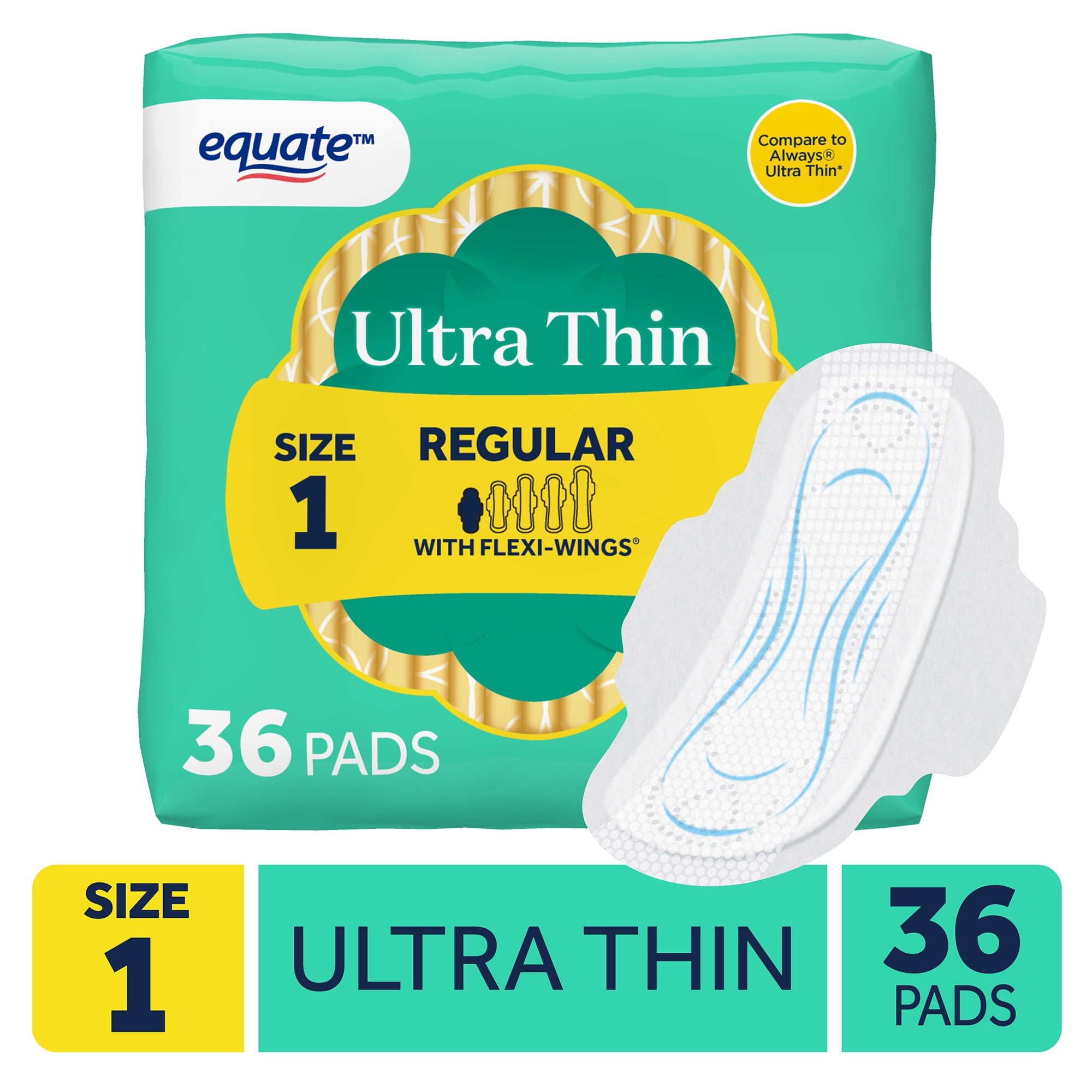 Equate Ultra Thin Pads with Flexi-Wings, Regular Absorbency, Size 1, 36 Count