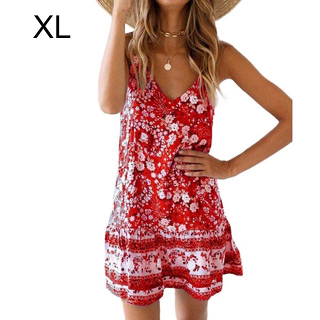 Vestido corto sin mangas con estampado floral Vestido de verano con cuello en V para mujer, Rojo, XL Jumpingount AP002157-04