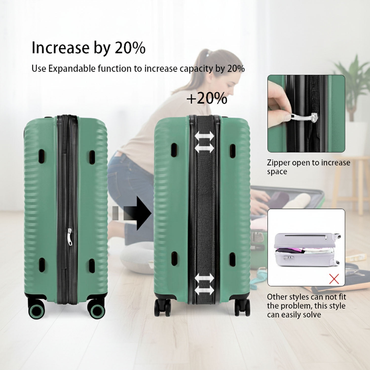 3 Piece Hardside Luggage Set Expandable Suitcase with Spinner Wheels,Lightweight Hardshell Suitcase Set 20in24in28in, Light Green, SQ249
