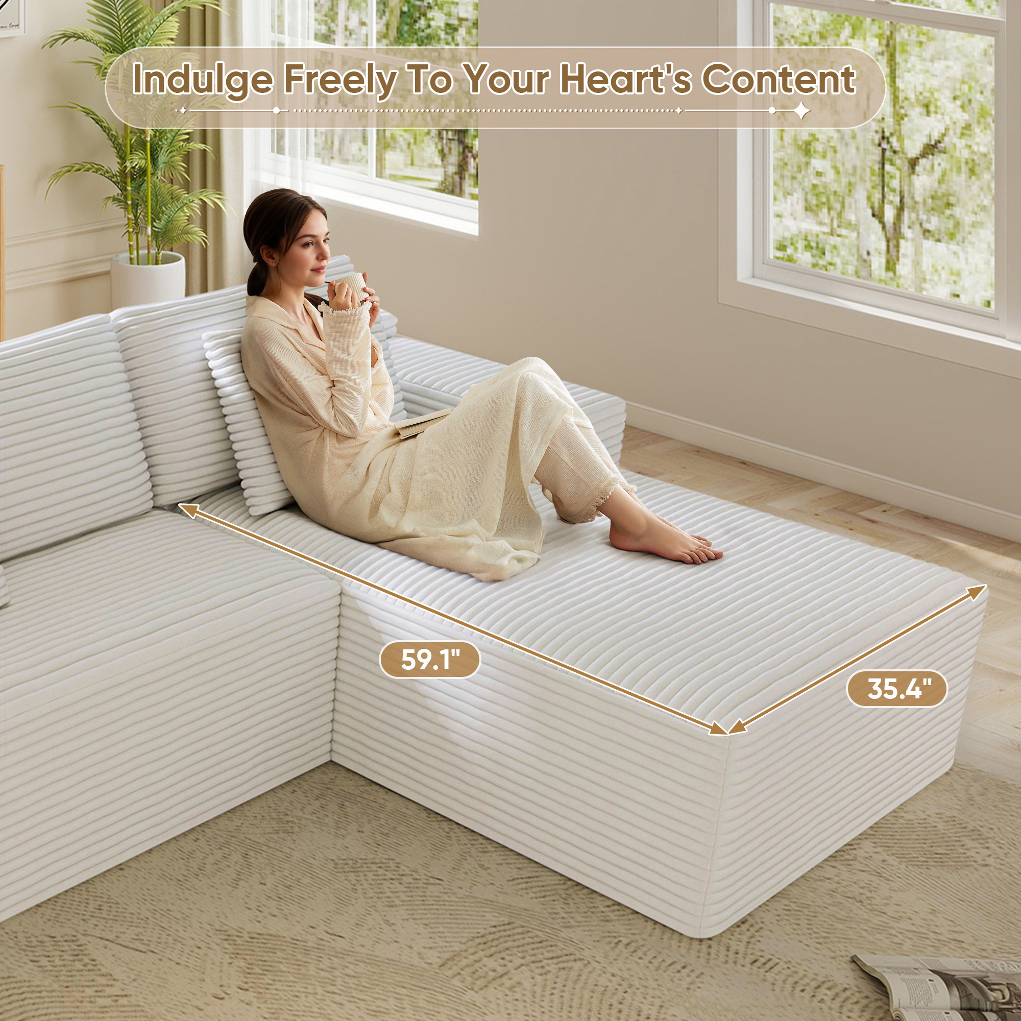 Lunale 104" Cloud Sectional Sofa with Right Chaise, Oversized Modular L-Shaped Couch, Plush Corduroy Sleeper Couch for Living Room, No Assembly Required, Beige
