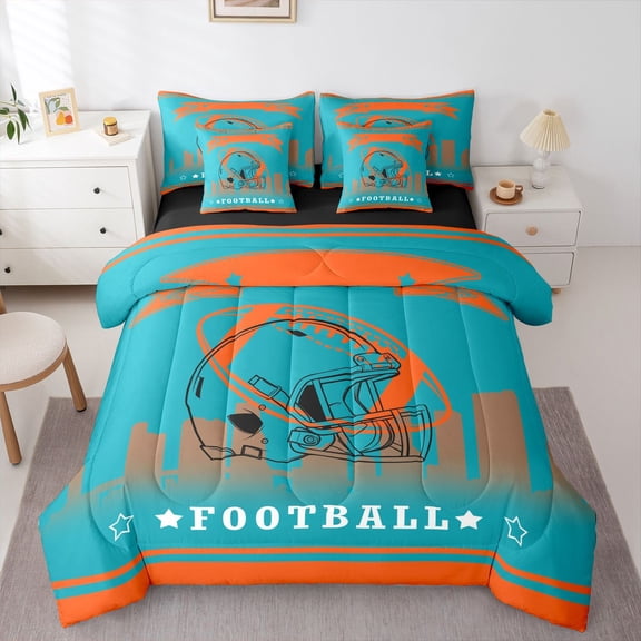 Homewish Cartoon Sports Helmet Twin Bedding Sets 7-Piece for Kids, Football Soccer Athlete Bedding Comforter Set, Cyan Orange Ball Sport Reversible Sheet Sets, Luxury Bedroom Decor