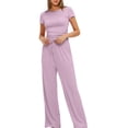thumbnail image 6 of fheaev Summer 2 Piece Outfit for Women Ruched Short Sleeve Crewneck Tops Wide Leg Pants with Pockets Casual Tracksuit Sets, 6 of 9