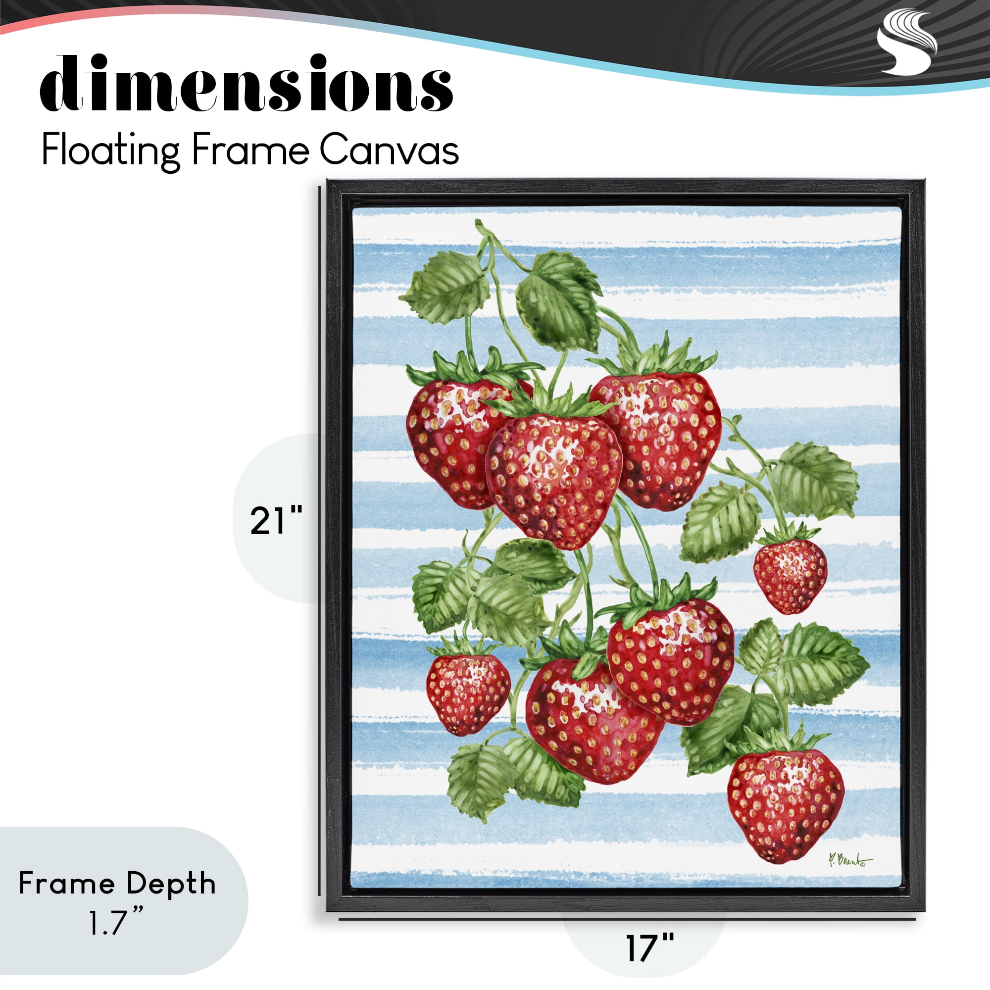 Stupell Industries Juicy Strawberry Vine on Stripes Black Framed Floater Canvas Wall Art, design by Paul Brent