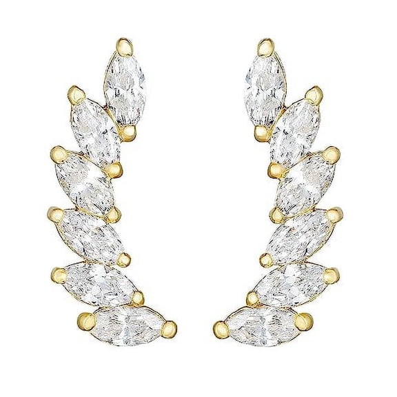 JewelStop 14K Yellow Gold Marquise CZ Ear Climber Earrings with Polished Finish and Push Back Clasp