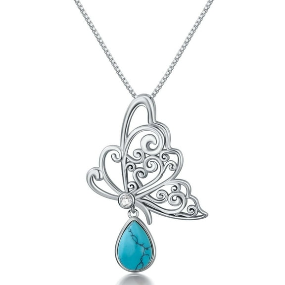 AOBOCO Butterfly Necklace for Women Sterling Silver Butterfly Pendant with Natural Turquoise Christmas Birthday Jewelry Gifts for Women Mom Nana