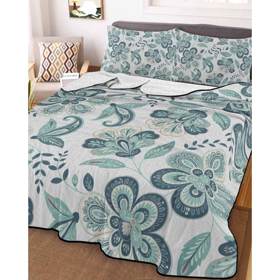 Teal Paisley Floral Full Size Down Alternative Comforter, Lightweight Comforter Quilt Bedding Set with Pillow Shams Boho Vintage Flowers Ethnic All Seasons Bed Comforter Duvet Insert 78"x90"