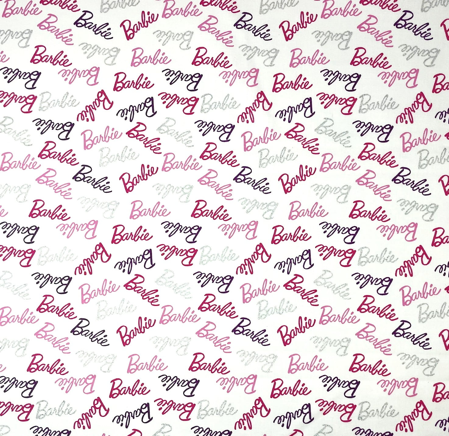 1 Yard - Barbie Doll Script Pink Purple & Silver Glitter on White Cotton Fabric (Great for Quilting, Sewing, Craft Projects, Throw Pillows & More) 1 Yard X 44" Wide