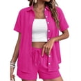 thumbnail image 2 of Short Sets 2 Piece Button Down Short Sleeve Shirts Cute Shorts Beach Vacation Lounge Matching Outfits Hot Pink S, 2 of 5