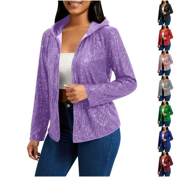 YTCAMLO Shiny Sequin Jackets for Women Trendy Zipper Long Sleeve Blazer Ribbed Bomber Jacket Cardigan Ladies Hooded Coat Outwear, Black XL