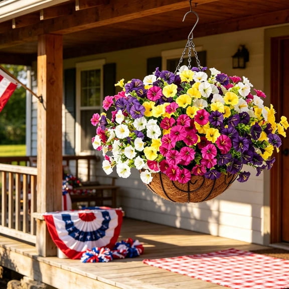 MMJ Artificial Hanging Flowers Basket Outdoor Faux Silk Floral Arrangement with Chain Basket for Patio Garden Summer Home Decor Multicolor