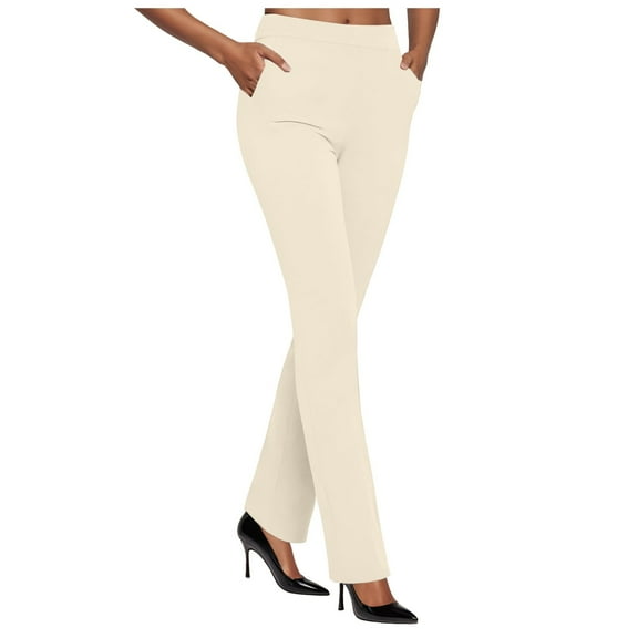 felwors Womens Dress Pants Stretchy Business Casual Flare Trousers Petite Lightweight Pull On Office Slacks with Pockets Beige, M