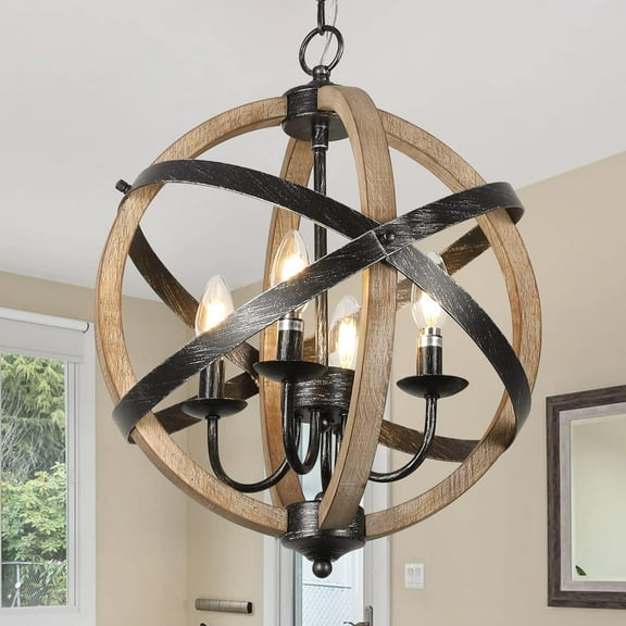 LiviNest Rustic Globe Chandelier Light Fixture - Adjustable Hanging Farmhouse Pendant Light with Wood & Metal Design for Cabin Dining Room Living Room Bedroom - Dimmable 4-Light Ceiling Fixture