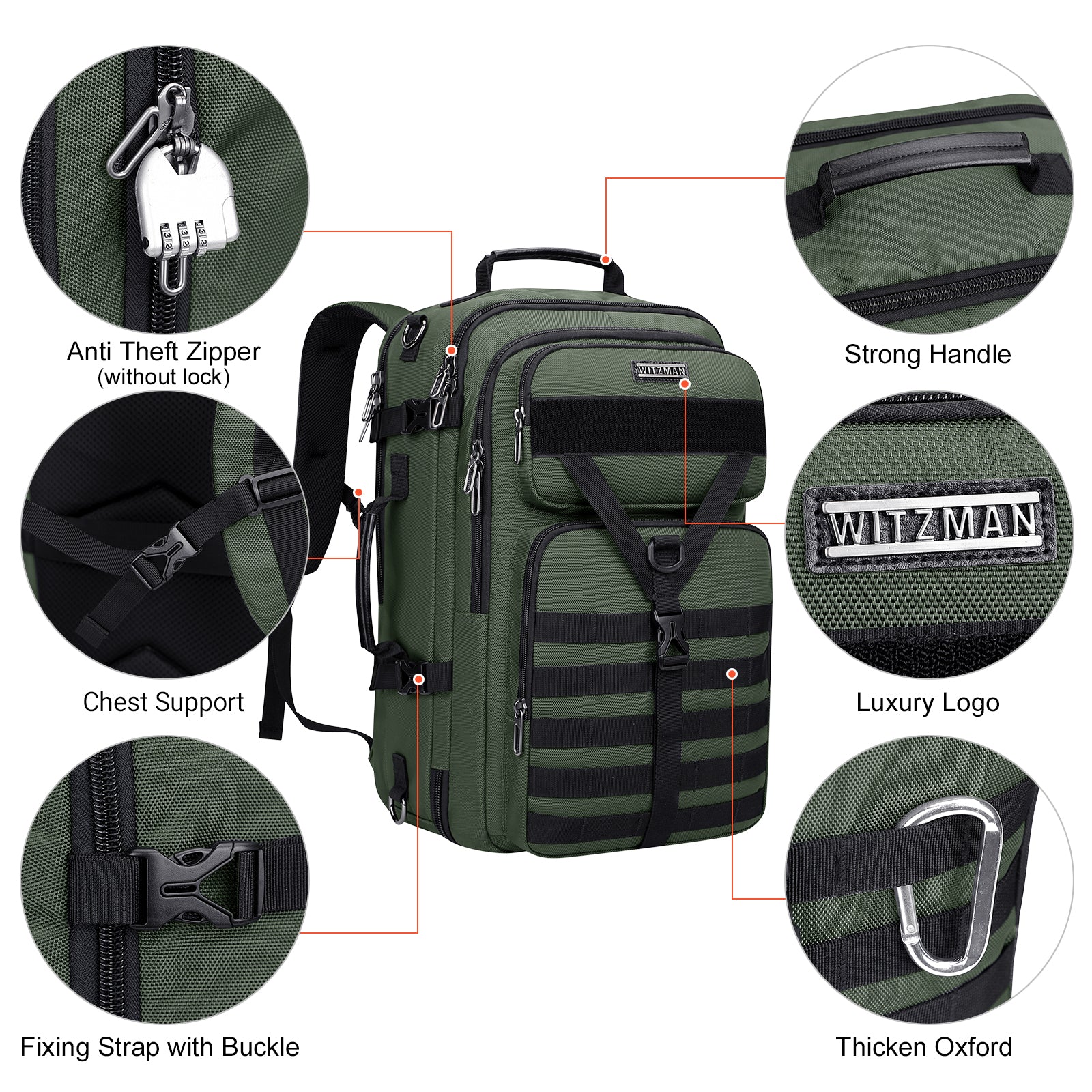 WITZMAN Carry On Travel Backpack for Men Convertible Nylon Backpack 3 in 1 Bag fit 17 Inch Laptop for Airplane 45L,B688 Army Green