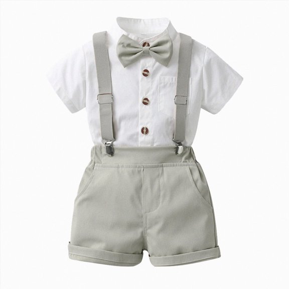 Xudanell Toddler Boy Outfit formal Casual Short Sleeve Shirt Top Shorts with Necktie Gentle Toddler Boy Summer Outfit Grey 4-5 Years