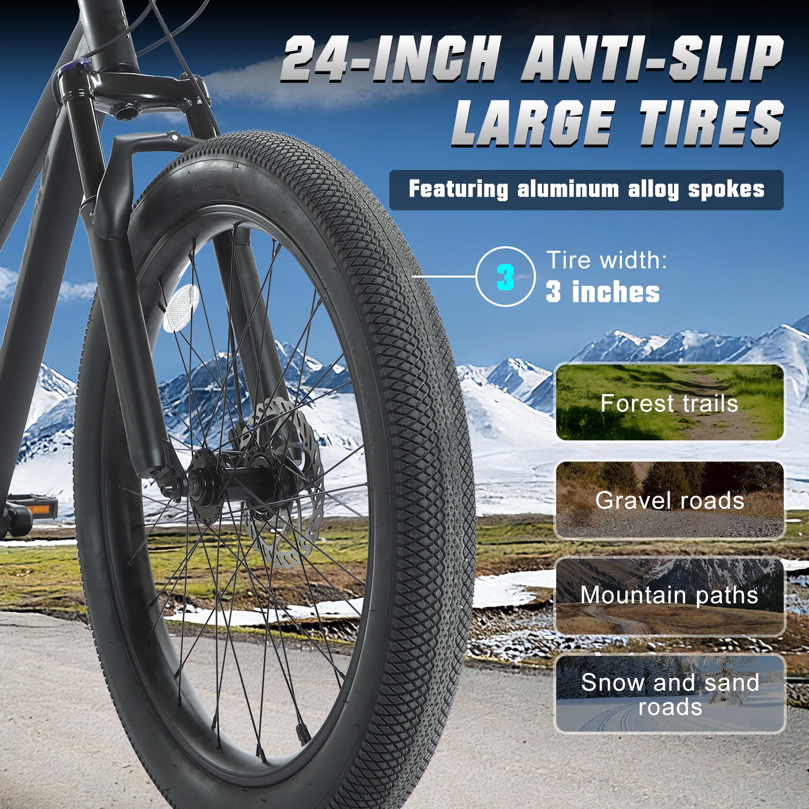 SPATIAL 24 inch Pro Fat Mountain Bike,8-Speed Gears MTB Mountain Bikes,Aluminum Frame Dual Disc Brakes,Black