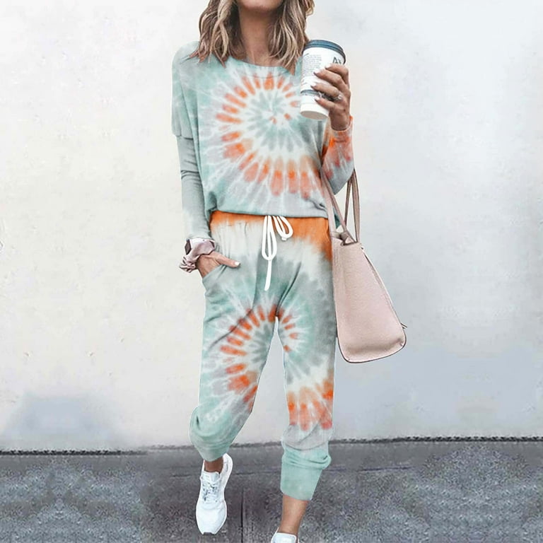 Posijego Womens Two Piece Tie Dye Sweatsuit Sweatpants Outfit with Crew Neck Long Sleeve Shirt Lounge Set