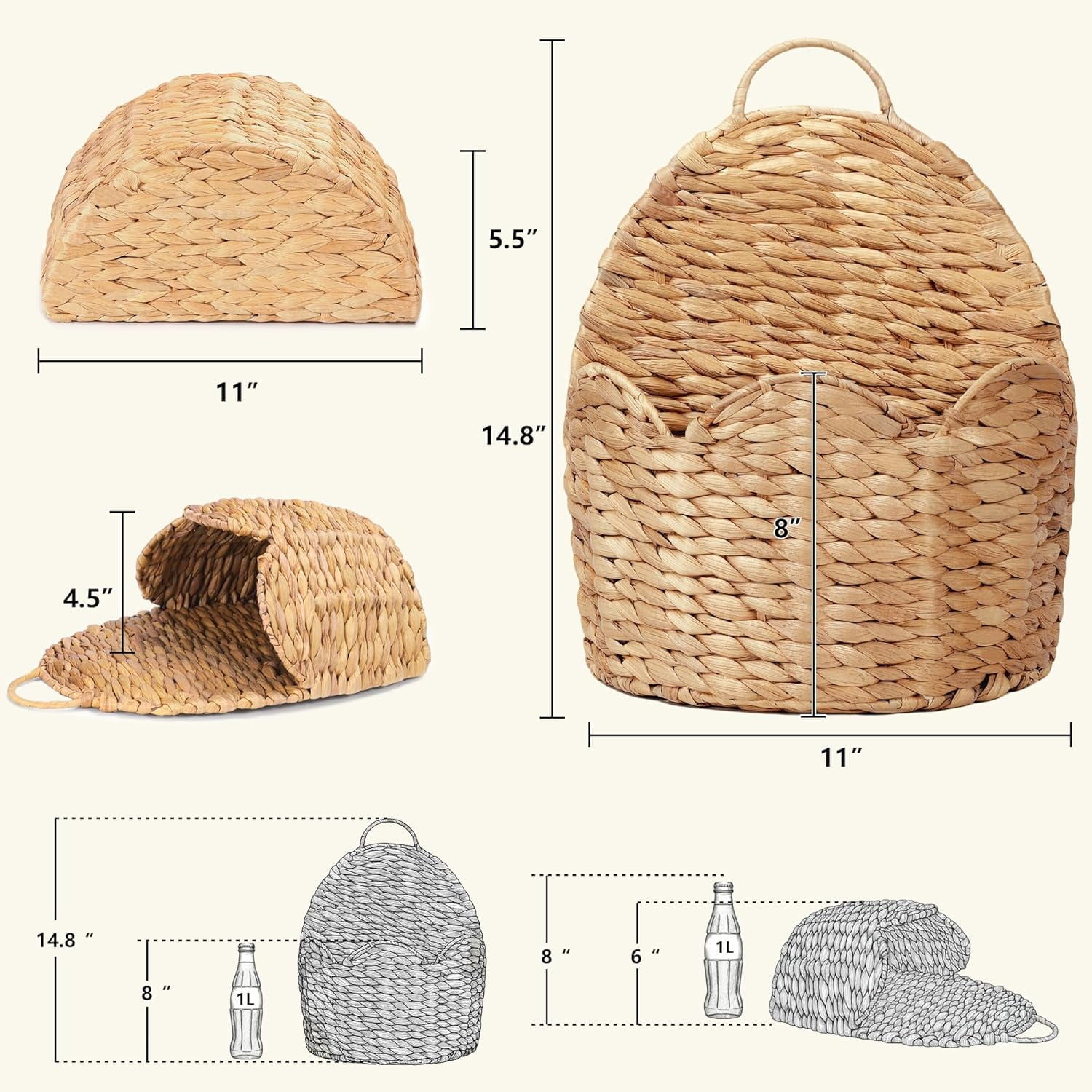 Scalloped Hanging Wall Basket Planter, Handwoven Water Hyacinth Wicker Basket for Front Door Decor, Farmhouse Wall Organizer for Flowers, Mail & Storage, Rustic Indoor Outdoor Home Decoration