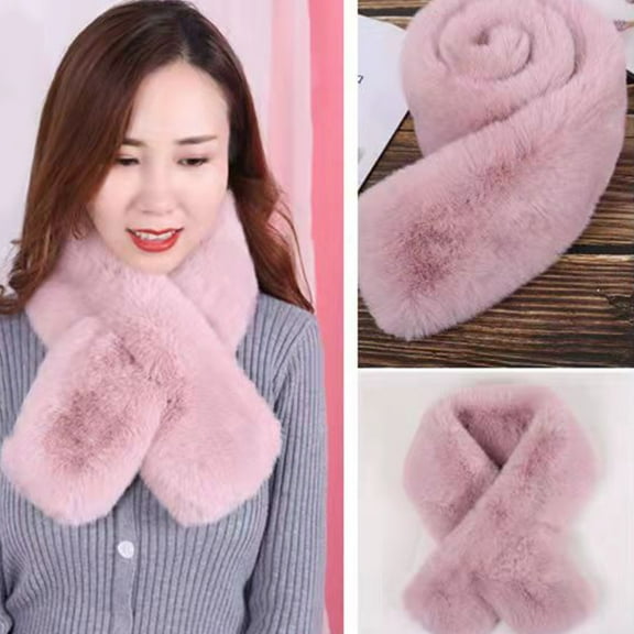 Opvise Cross Scarf Faux Rabbit Fur Thickened Soft Cozy Plush Cold Resistant Solid Color Autumn Winter Women Neck Warmer Collar Scarf for Daily Life Pink
