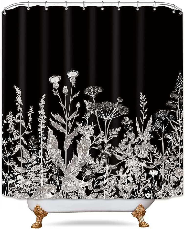 Wild Floral Wildflower Shower Curtain Botanical Herbs Black Plant Nature Blossom Flower Leaf Sketch Waterproof Fabric 72Wx72H Inch Polyester Bathroom Bathtub Decoration 12 Pack Plastic Hooks
