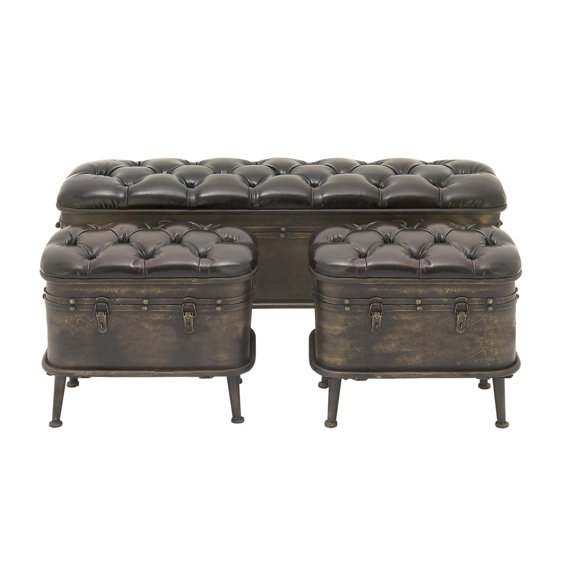 DecMode Metal Weathered Storage Bench with Dark Brown Tufted Faux Leather, Black, Set of 3