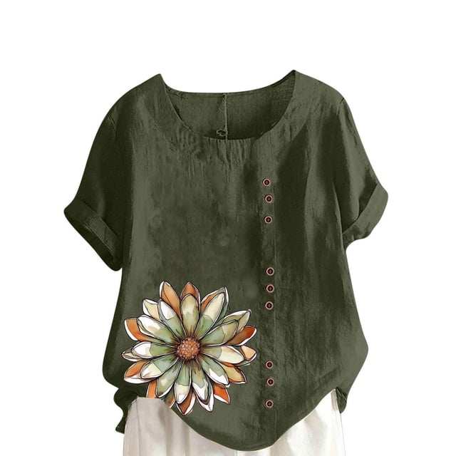 Vestidos Casuales Para Mujer, Blusas De Mujer De Moda Blusa informal de lino con cuello redondo, manga corta y botones para mujer