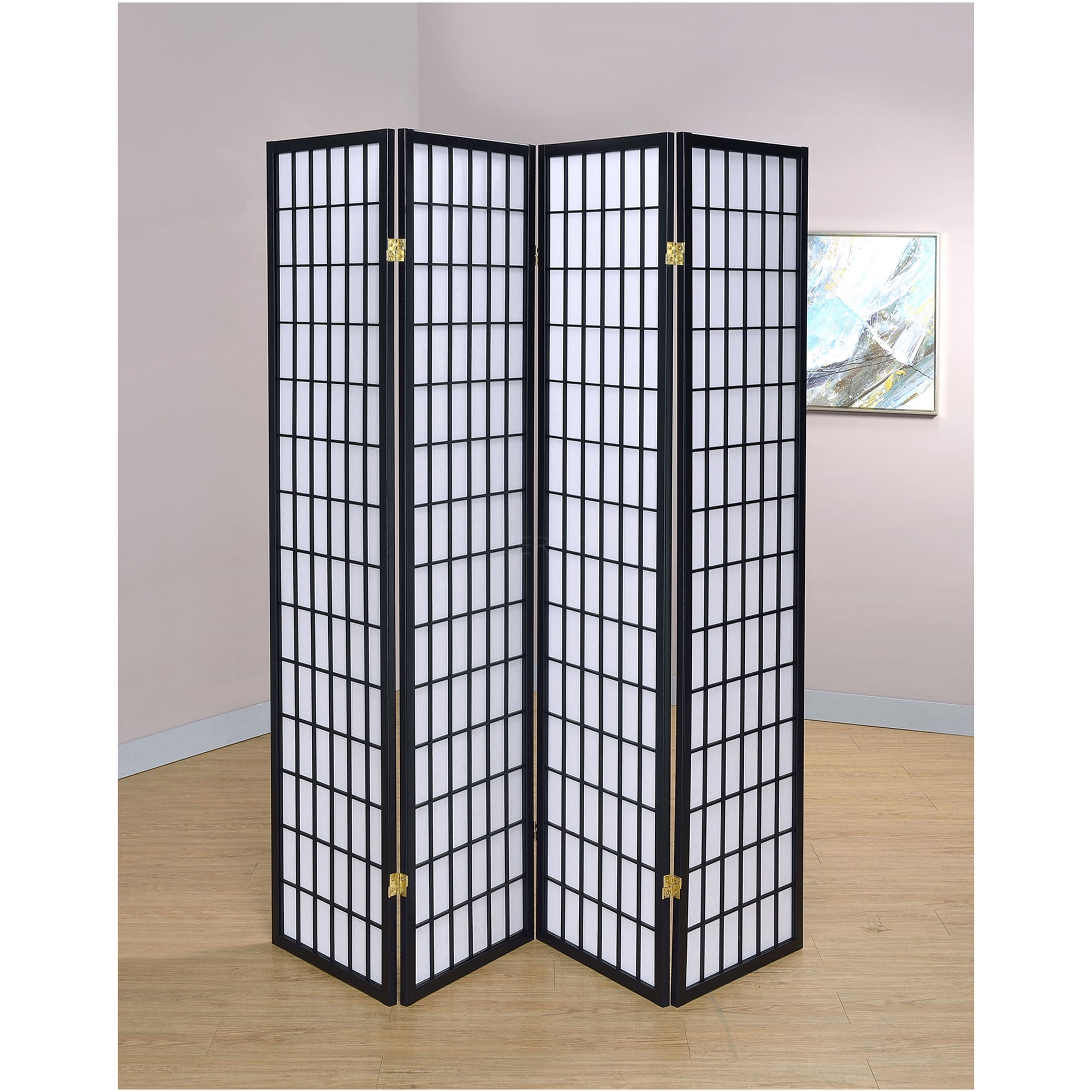 JERFIT 4-Panel Room Divider Privacy Screen - Black Shoji Style Folding Partition for Home & Office Decorative Wood and Fabric Freestanding Divider