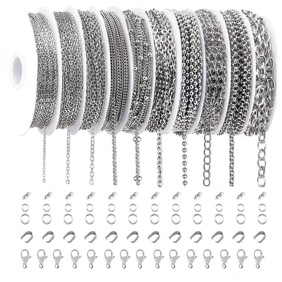 10 Style 304 Stainless Steel Chain Kit (74 ft Total) - DIY Jewelry Supplies for Bracelets, Necklaces. Includes Lobster Buckles, Open Rings & Melon Seed Buckles