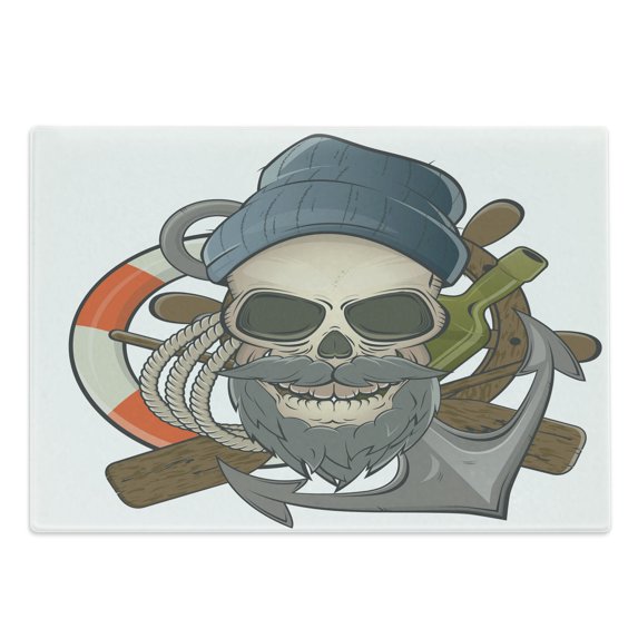 Skull Cutting Board, Illustration of Sailor Old Skull with Beard Mascot Nautical Theme Skeleton Lifebuoy, Decorative Tempered Glass Cutting and Serving Board, in 3 Sizes, by Ambesonne