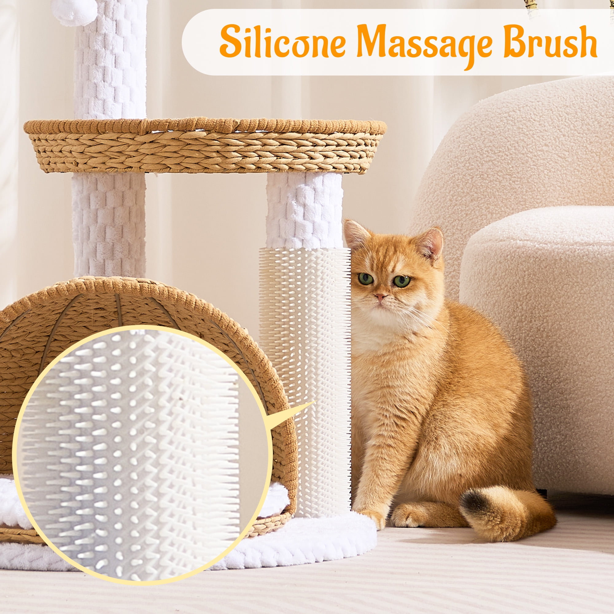 HITTITE Modern Cat Tree Tower with Scratching Post, 46 Inches Tall Cat Towers with Woven Cat Nests and Cave, Removable Cushions and Massage Brush for Indoor Cats Large Adult.