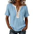 thumbnail image 2 of ClodeEU Women's Linen Blend V Neck Short Sleeve Top with Lace Trim ,Solid Color Casual Blouse Blue,Womens Plus XXXL, 2 of 7