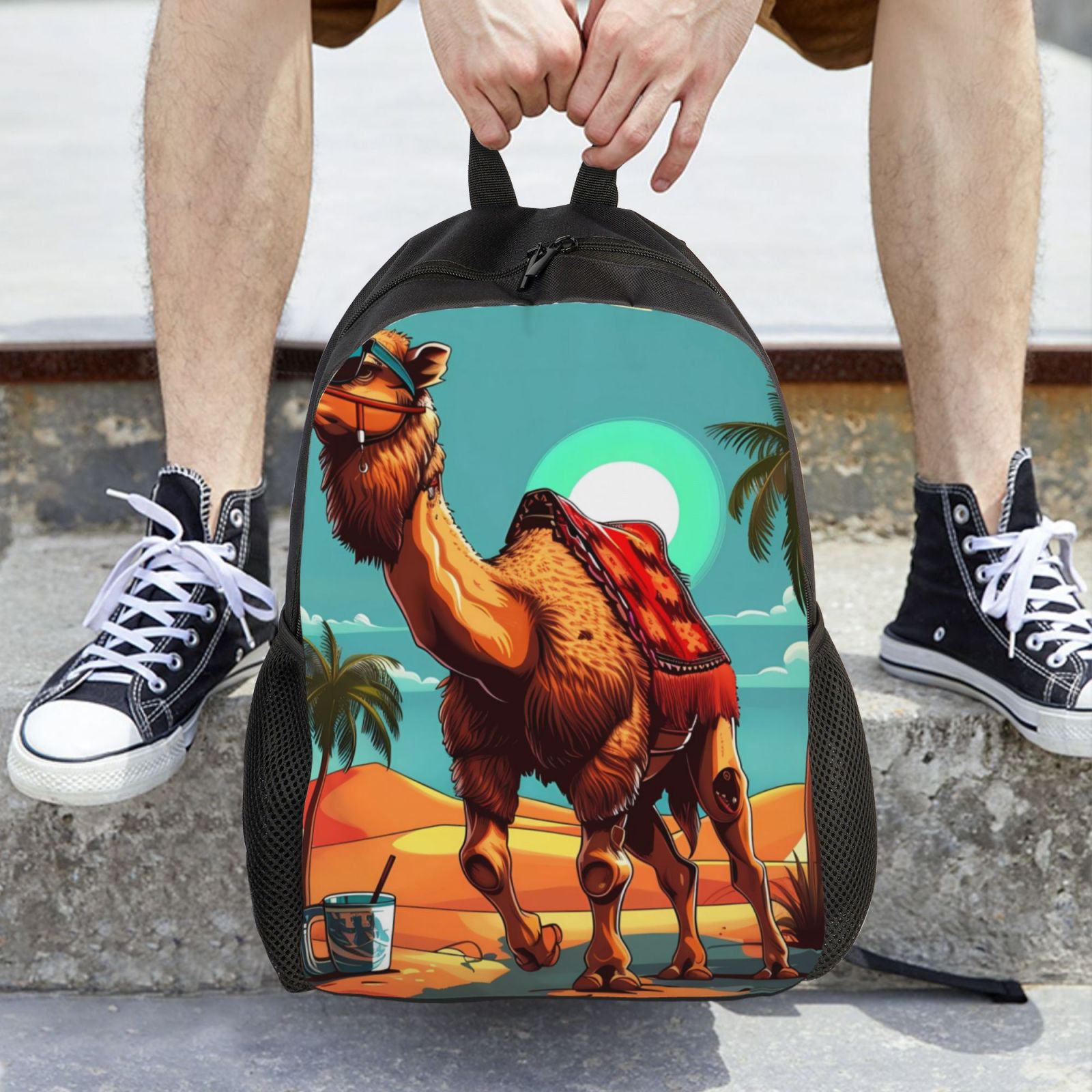 Xecao Cool Camel Oasis Vibes Print School Backpack with Laptop Compartment Small Travel Laptop Backpack for Women Men Waterproof College Backpack Simple School Bag