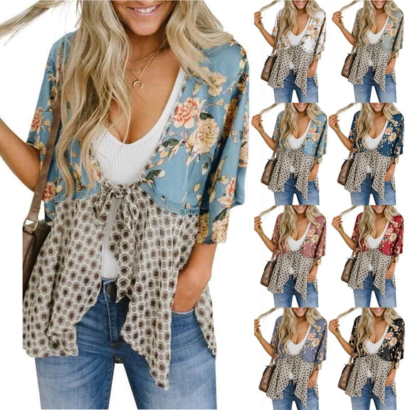 Helii Women's 3/4 Sleeve Cardigan – Lightweight Patchwork Print Kimono Cardigan, Tie Front Open Front Cover Up for Women, Loose Fit Boho Beach Cover Up for Summer Vacation Blue,L