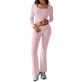 thumbnail image 3 of 2 Piece Square Neck Lounge Set Womens Wide Leg Pants Slightly Crop Top Sweatsuit Sets Pink L, 3 of 10