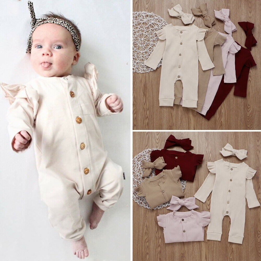 Baby Pajamas Headband Newborn Unisex Boys Romper Long Sleeve Jumpsuit Set 2Pcs