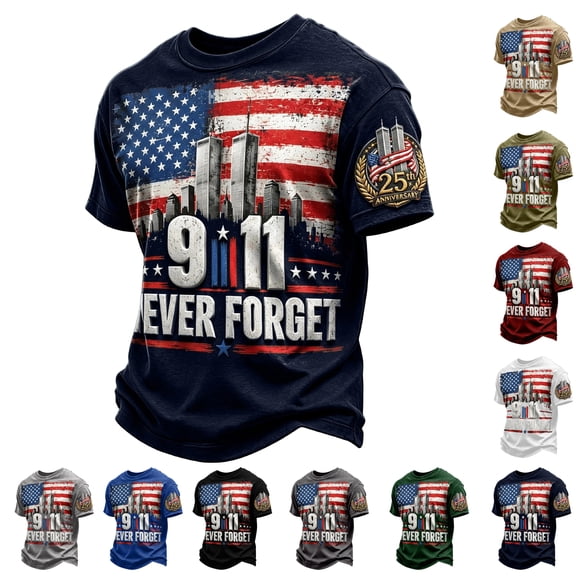 9/11 25th Anniversary Shirt 911 We Will Never Forget T Shirts for Man Memorial Anniversary Patriotic Tshirt Navy L