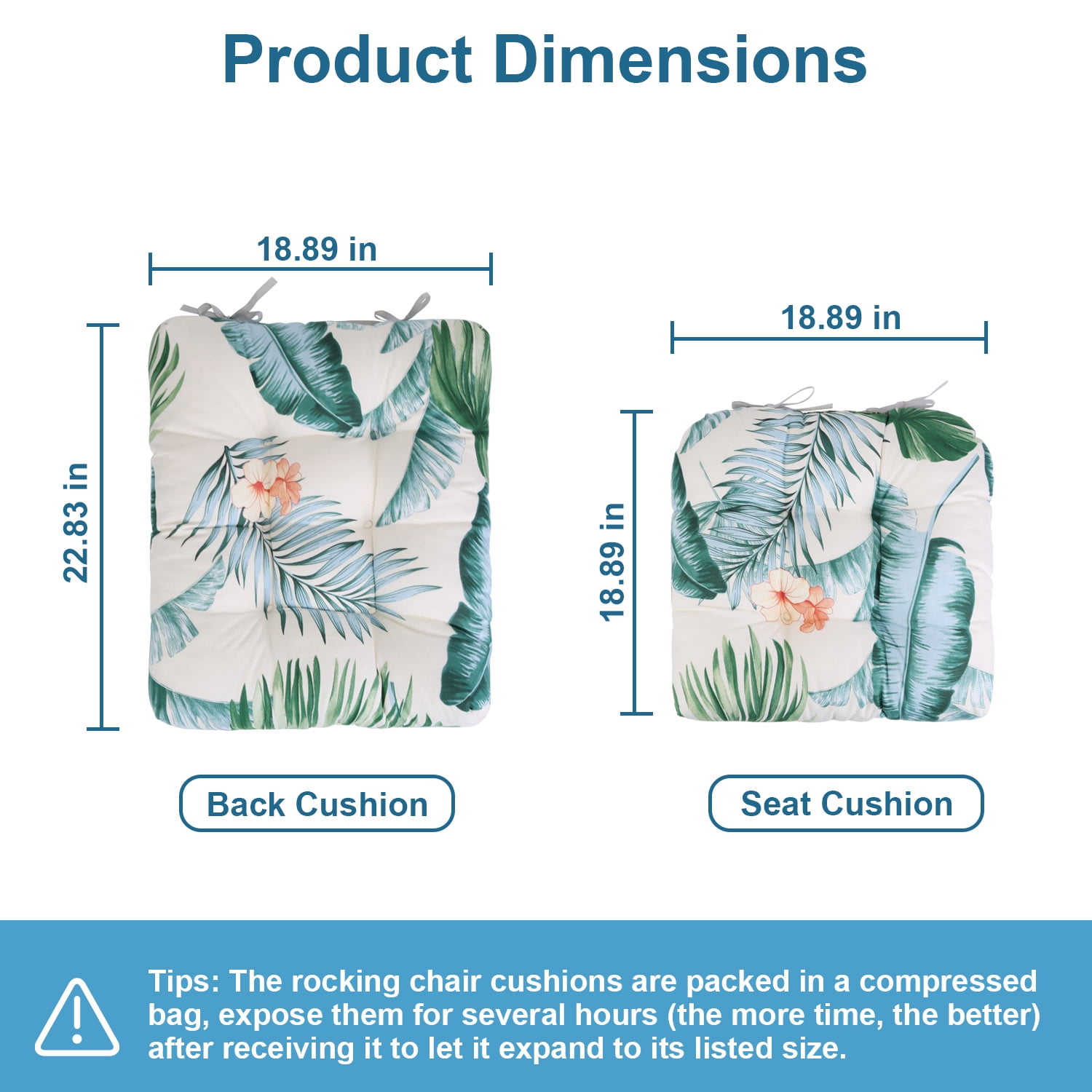 Outdoor Rocking Chair Cushion Upper and Lower Rocking Chair Seat Cushion Set with Non-Slip Ties for Indoor Outdoor Beige Green Palm