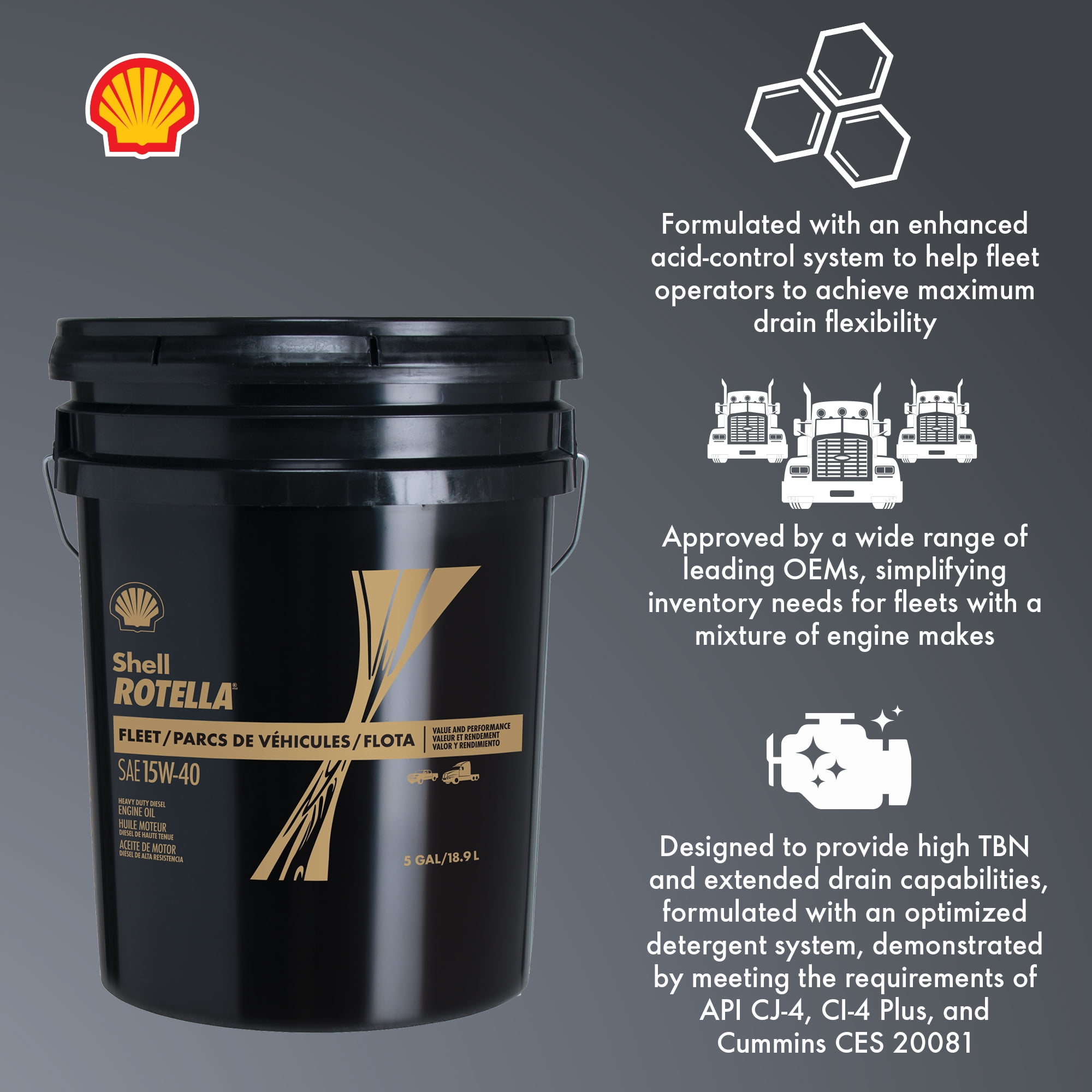 Shell Rotella Fleet 15W-40 Diesel Engine Oil, 5 Gallon