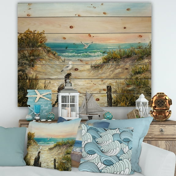 Designart 'Ocean Dunes During Pink Sinset on Beach' Nautical & Coastal Print on Natural Pine Wood