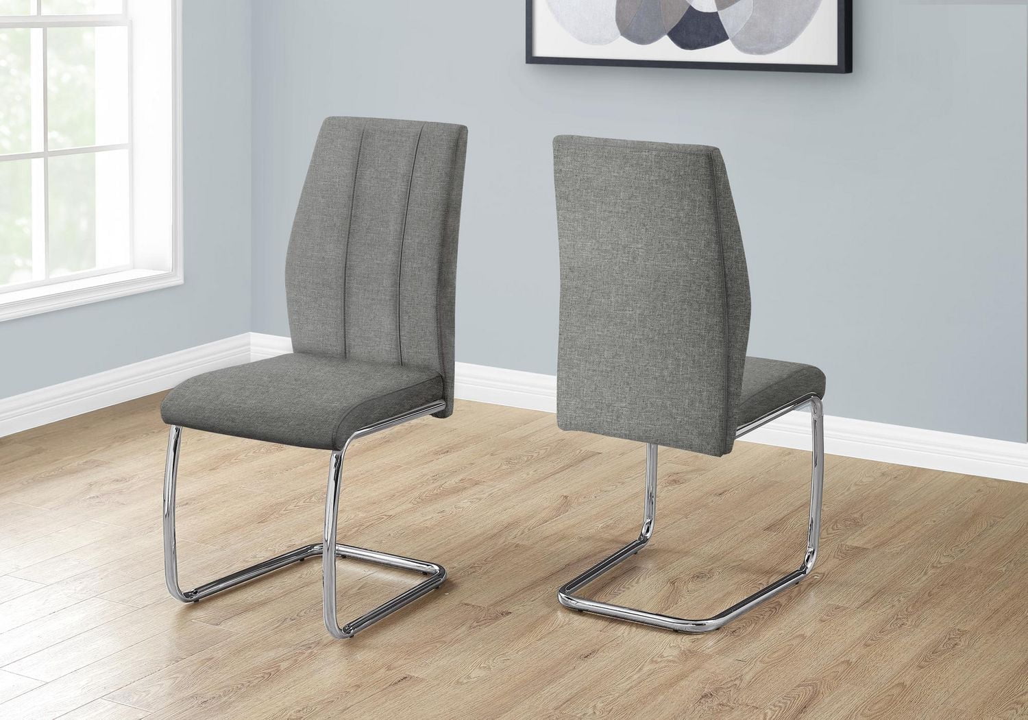 Monarch Specialties Dining Chair, Set Of 2, Side, Upholstered, Kitchen, Dining Room, 39" Height, Grey Fabric, Chrome Metal, Contemporary, Modern